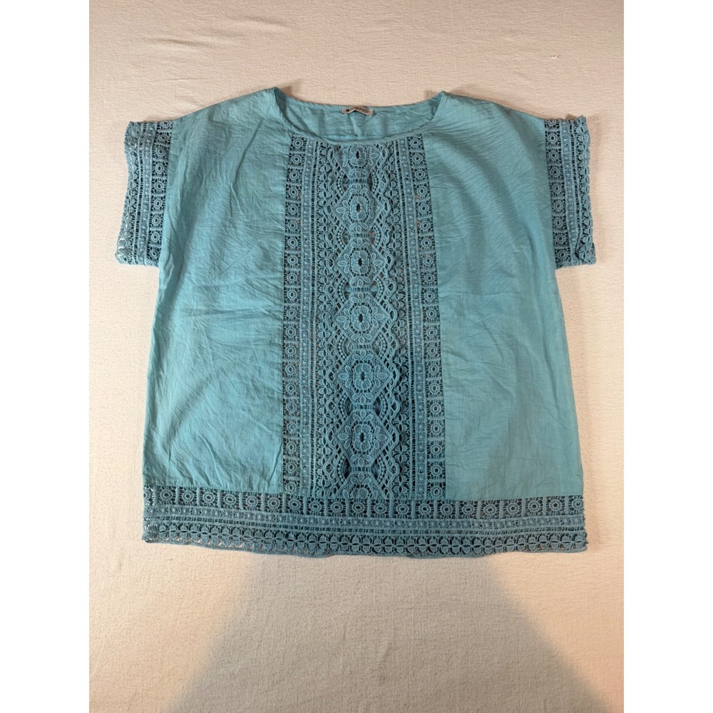 Spanner Womens Turquoise Blue Crochet Lace Trim Short Sleeve Boxy Blouse Top
